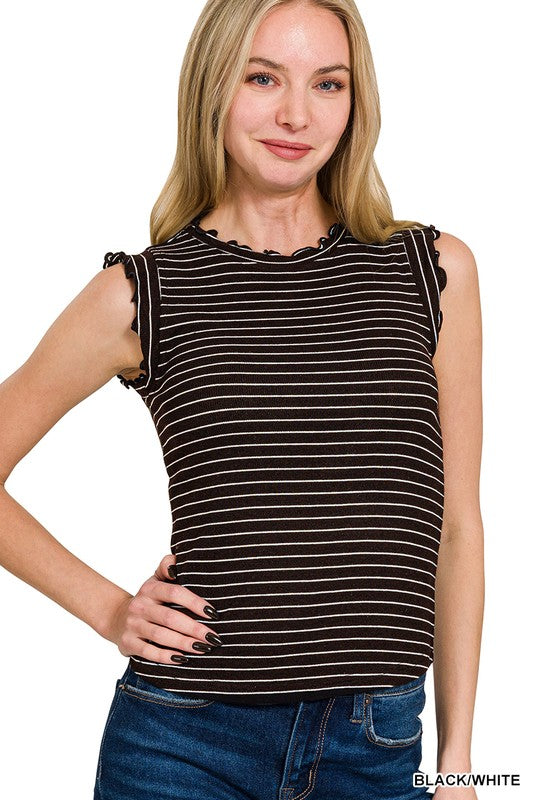 Nola - Ruffle Striped Tank (Black)