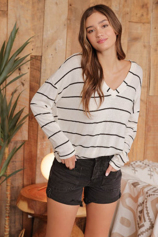 Everly - Striped V Neck (Ivory)