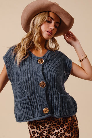 Chloe - Metal Button Sweater Vest (Blue)