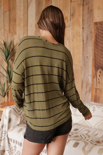 Everly - Striped V Neck (Olive)