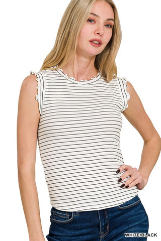 Nola - Ruffle Striped Tank (White)